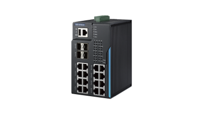 EKI-7720G-4XFPI is a DIN rail L2 switch with 16 PoE ports, 4 SFP+ ports, IXM for quick setup, and X-Ring Pro for 20ms recovery.